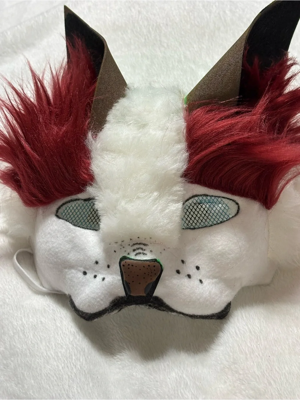 White Faux Fur Therian Animal Costume Mask with Red and Brown Accents